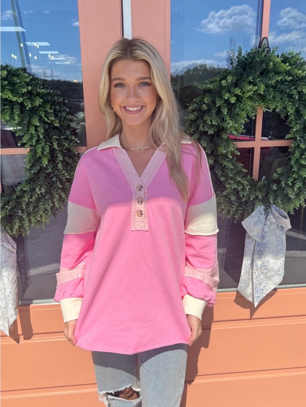 Pink Button-Front Rugby Pullover Top - Picture 3 of 8
